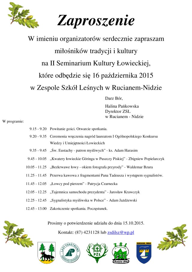 Zaproszenie na II Seminarium Kultury Łowieckiej, które odbędzie się 16 października 2015 w Zespole Szkół Leśnych w Rucianem-Nidzie