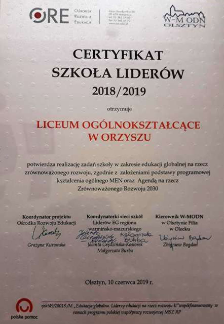 Certyfikat Szkoła Liderów 2018/2019 