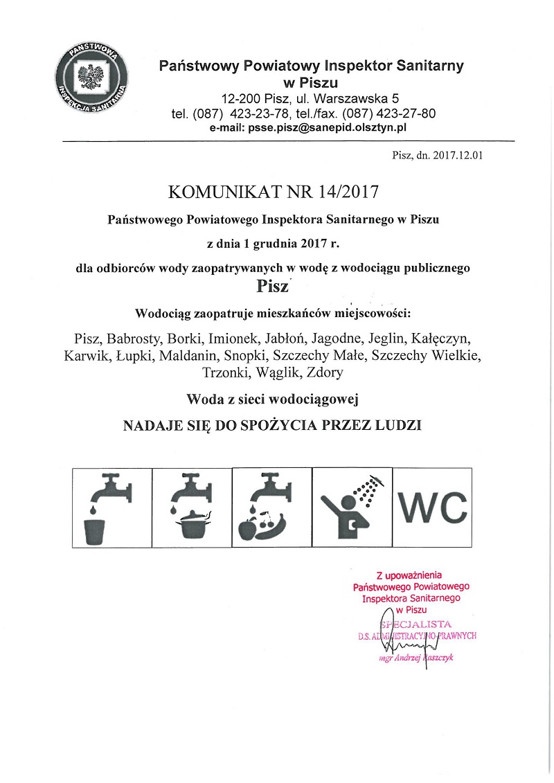 Komunikat Państwowego Powiatowego Inspektora Sanitarnego w Piszu