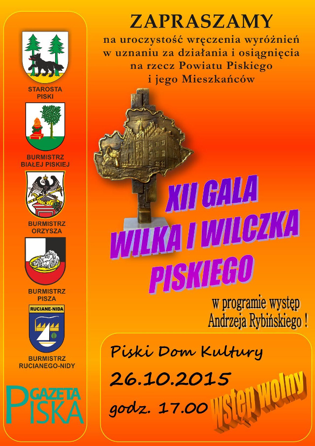 Zaproszenie na uroczystość wręczenia wyróżnień w Piskim Domu Kultury 26 października o godzinie 17:00